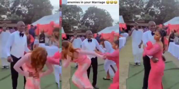 VIDEO: Drama as bride pushed away overzealous lady who tried to dance with her groom