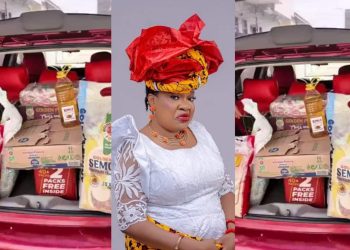 “PR and showbiz of the year”— Actress Toyin Abraham shares massive food items as invite for her movie premier [watch video]
