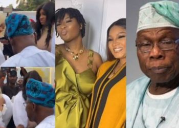 Moment Omotola Ekeinde introduces her first daughter to former president, Olusegun Obasanjo at her movie premiere (Video)