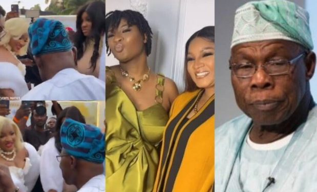 Moment Omotola Ekeinde introduces her first daughter to former president, Olusegun Obasanjo at her movie premiere (Video)