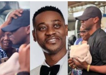 Actor Lateef Adedimeji arouses emotion as he arrives in Nigeria with his triplets (Watch video)