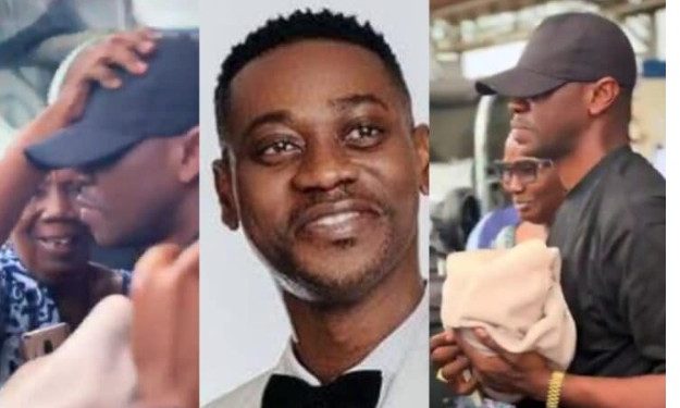 Actor Lateef Adedimeji arouses emotion as he arrives in Nigeria with his triplets (Watch video)