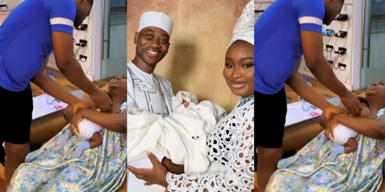 Actress Mo Bimpe shed tears as husband, Lateef Adedimeji gives their triplets first haircut (Video)